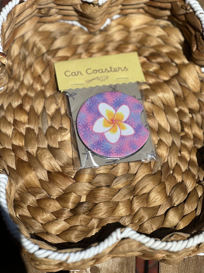Frangipani Purple Car Coasters (Pack of 2)